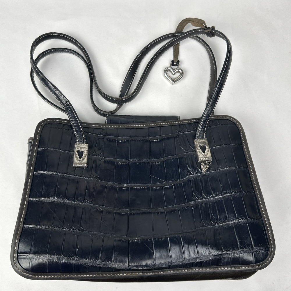 Brighton Dark Blue Croc Embossed Leather Crossbody Bag Heart Snap